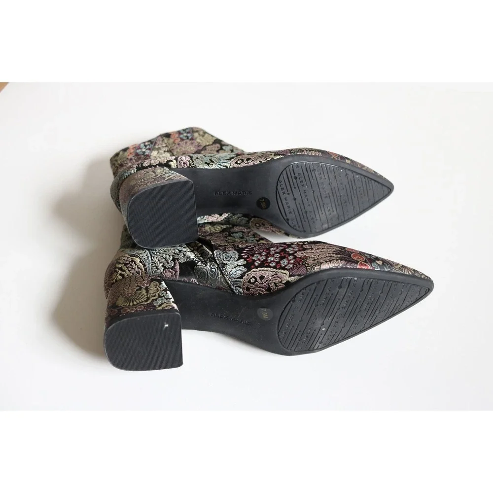 Alex Marie Jacquard Floral Black Multicolor Ankle Bootie Zip Pointed Toe Sz 7.5M